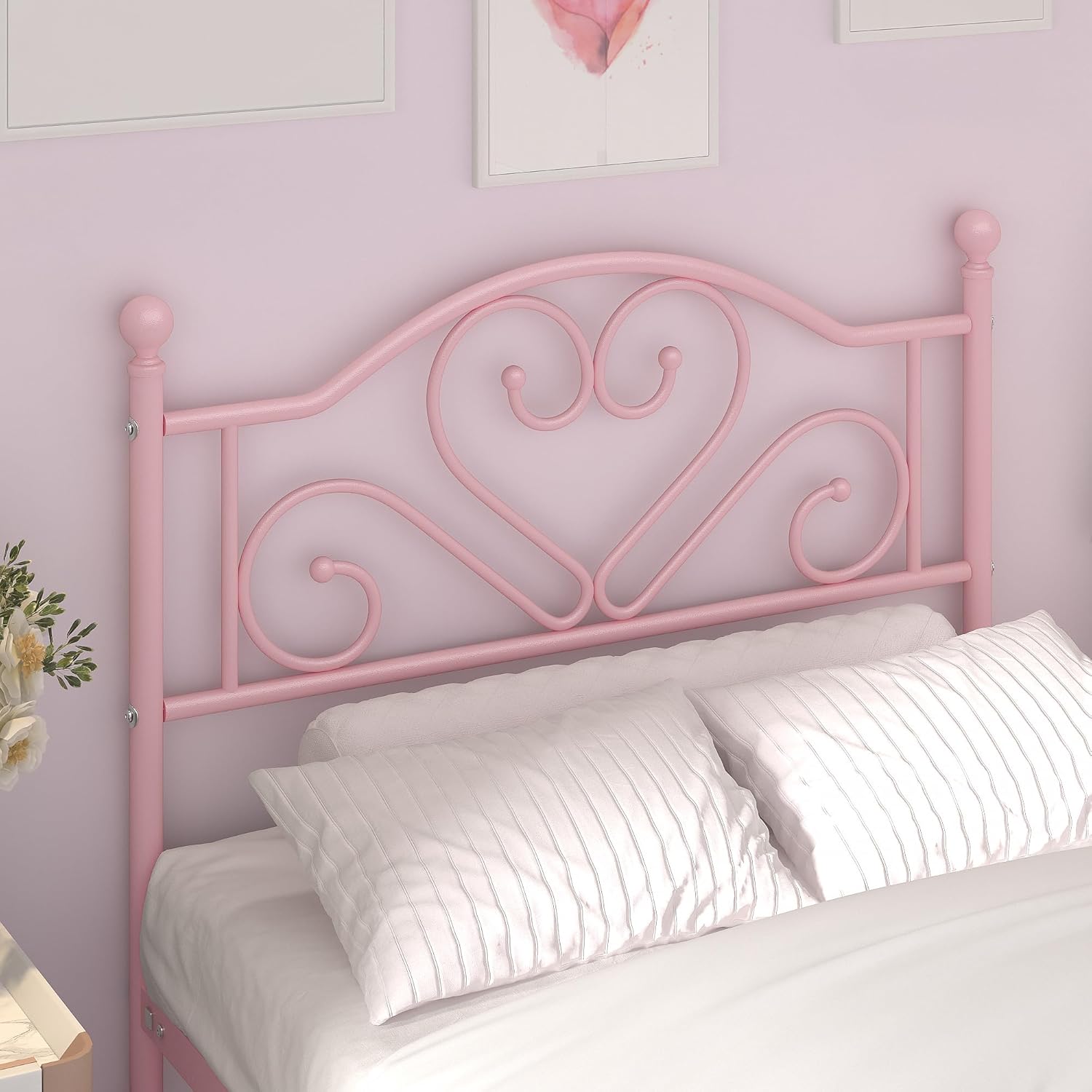 Weehom Twin Bed Frames with Headboard, Heavy Duty Metal Platform Under Bed Storage Space Easy Assembly for Kids Girls Adults, Pink (OPEN BOX)