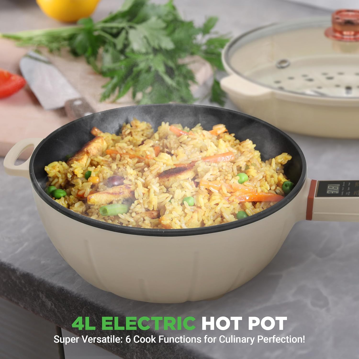 NutriChef 2 In 1 Electric Frying Pan & Steamer 8 Quarts | Portable Non-Stick Skillet for Cooking | Durable Heat Safe Handle | Touch Control Panel | 7 Cooking Functions & Electric Hot Pot | White (OPEN BOX)