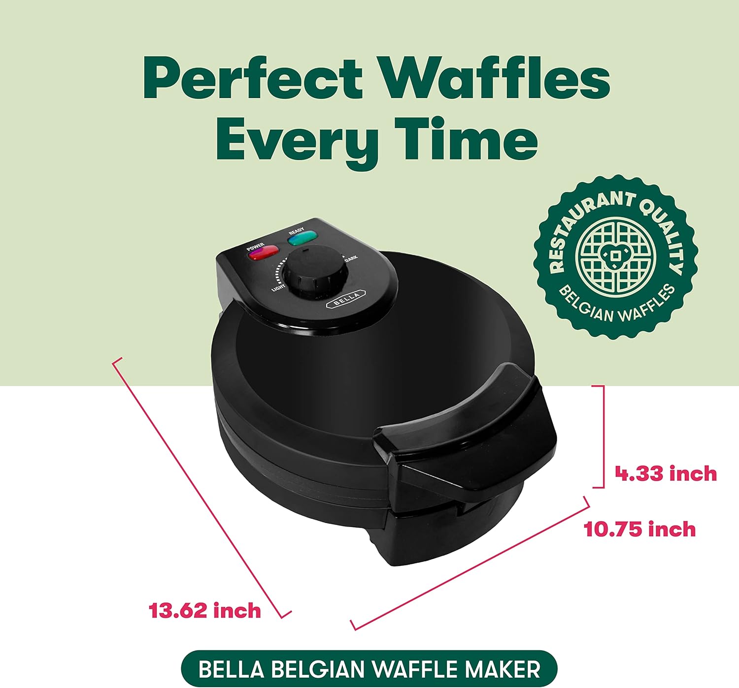 BELLA Classic Belgian Waffle Maker, 7" Round, Non Stick, Waffle Iron Makes 1” Thick Waffles, Variable browning control knob, Stay-cool handle with locking latch, Stainless Steel