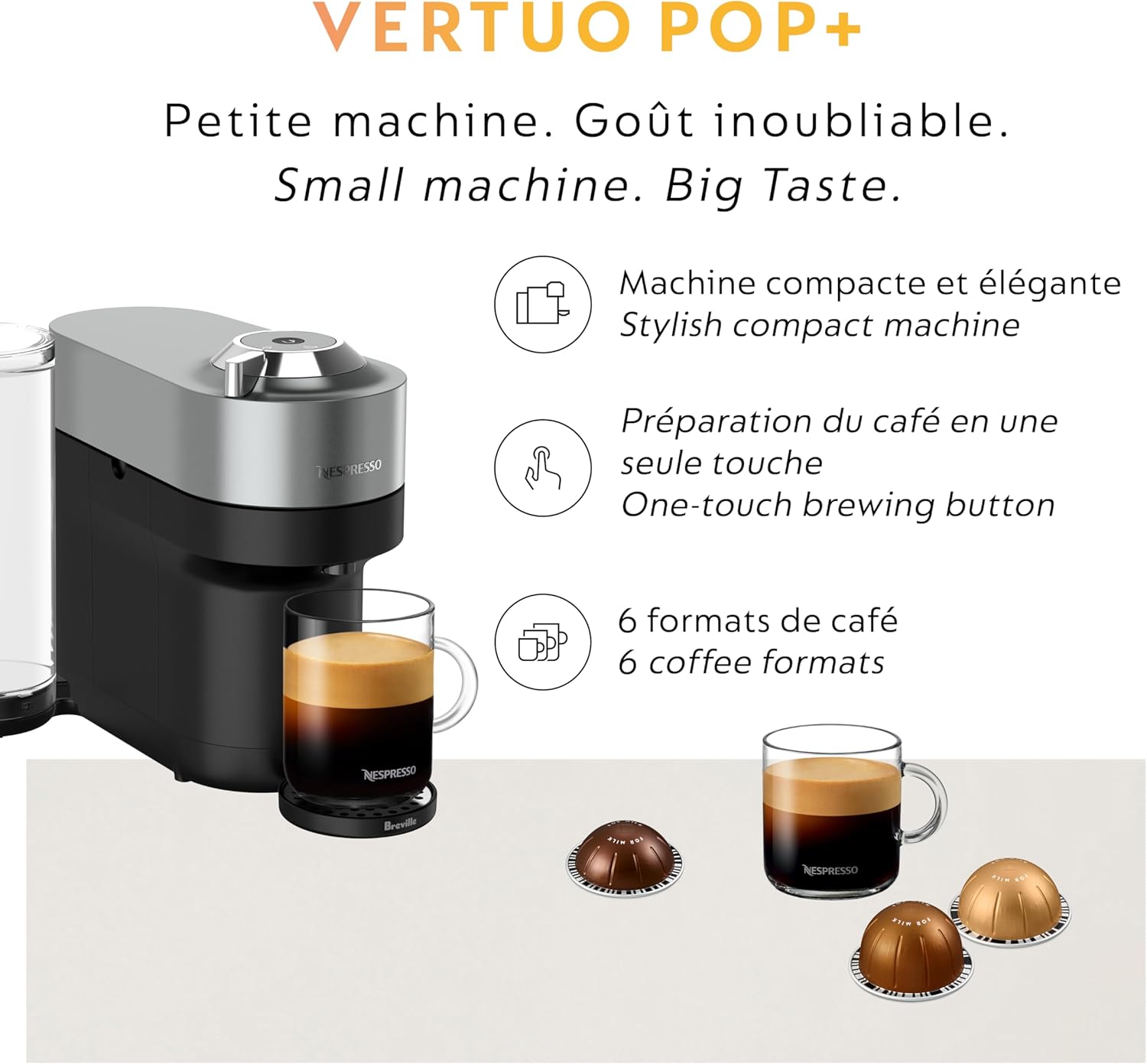 Nespresso Vertuo Pop+ Deluxe Coffee and Espresso Maker by Breville with Milk Frother, 1500 watts, Titan (OPEN BOX)