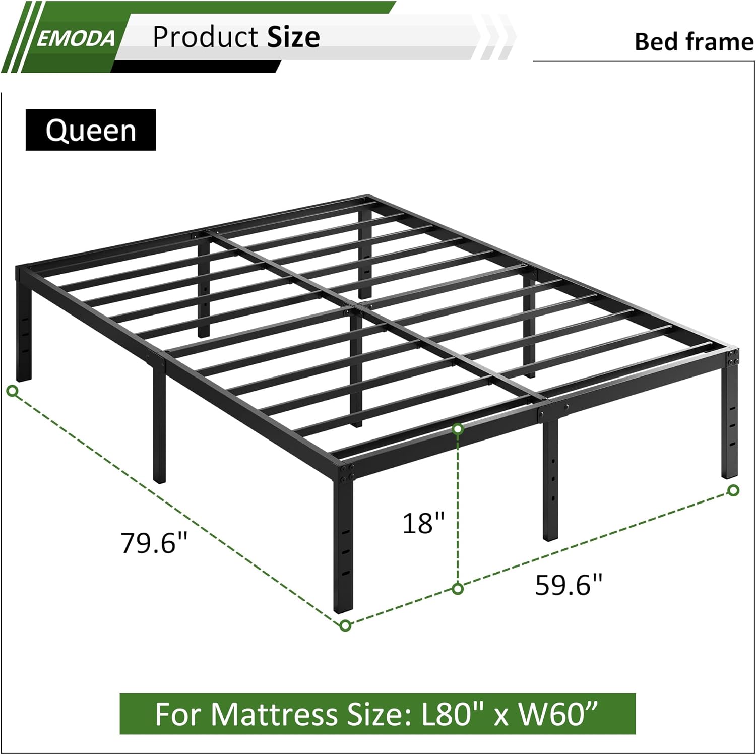 EMODA Queen Bed Frame No Box Spring Needed 18 Inch Heavy Duty Metal Tall Platform Bed Frame Queen Size with Large Storage Space, Easy Assembly, Black (OPEN BOX)
