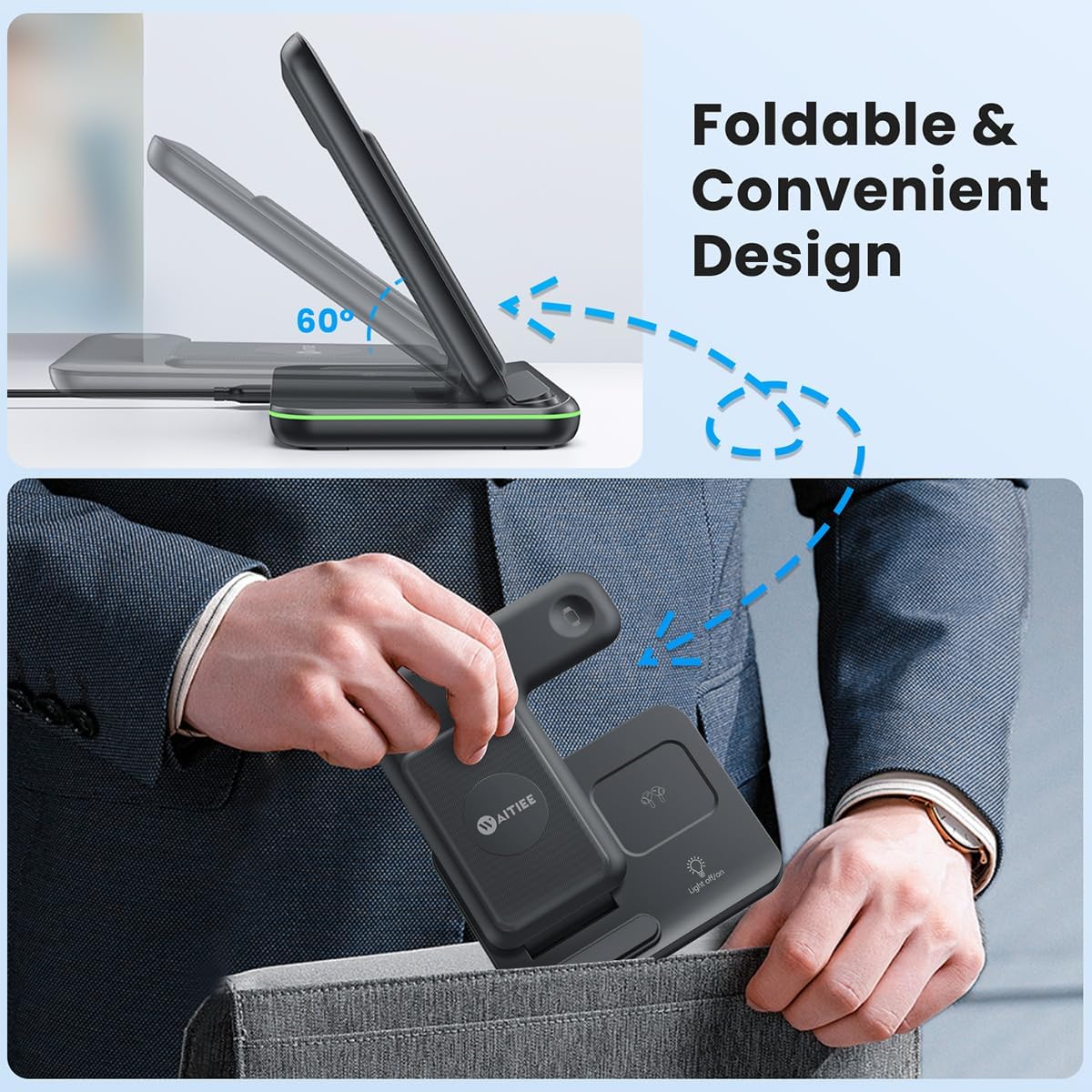 WAITIEE Wireless Charger for iPhone 17 16 15 14 13 12 11 X 8, 3 in 1 Charging Station for Apple Watch 11/10/9/8/7/6/5/4/3/2/SE/Ultra/Ultra 2/Ultra 3 & for AirPods 4/3/2/Pro/Pro 2