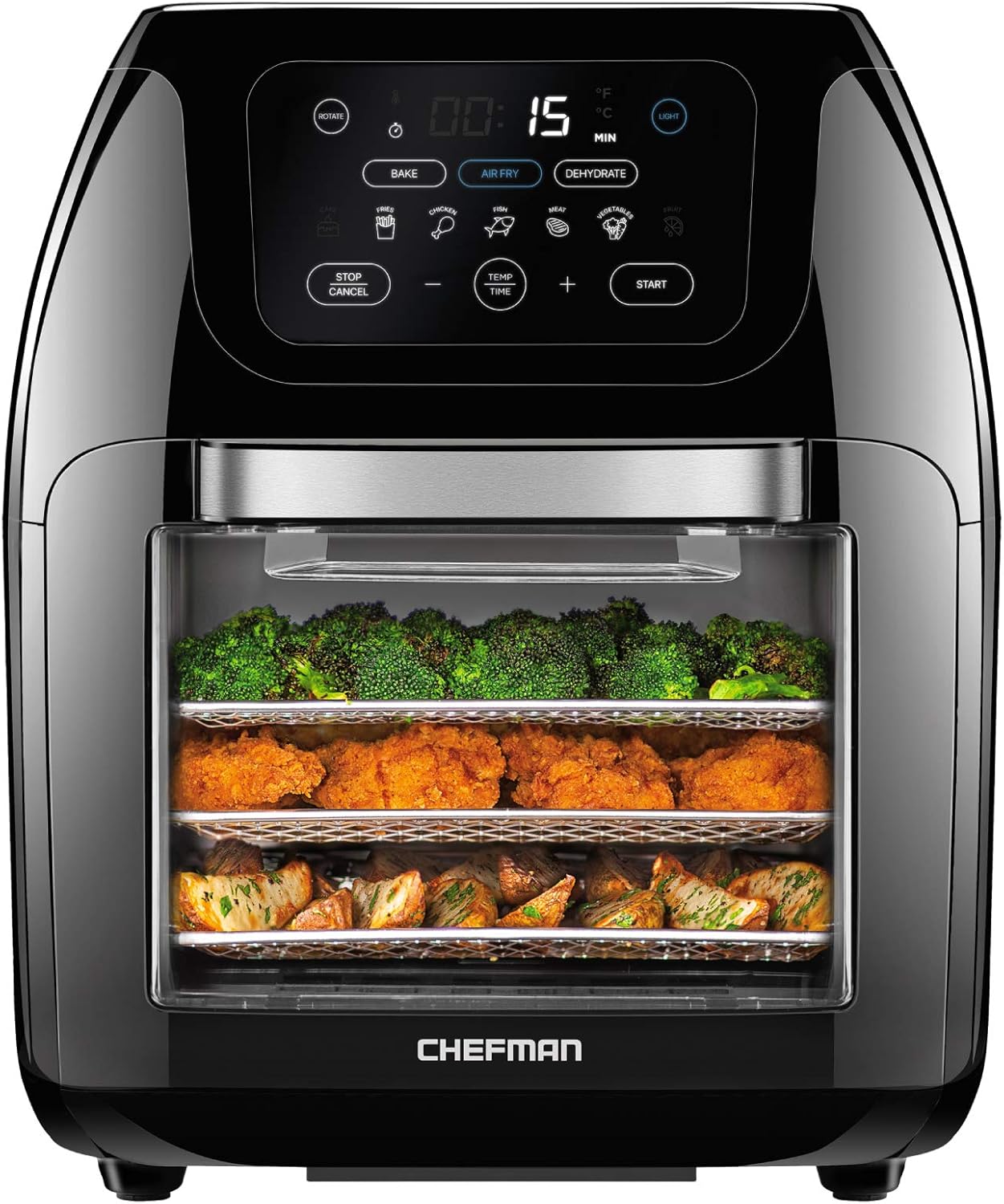 CHEFMAN Multifunctional Digital Air Fryer+ Rotisserie, Dehydrator, Convection Oven, 17 Touch Screen Presets Fry, Roast, Dehydrate, Bake, XL 10L Family Size, Auto Shutoff, Large Easy-View Window, Black (OPEN BOX)