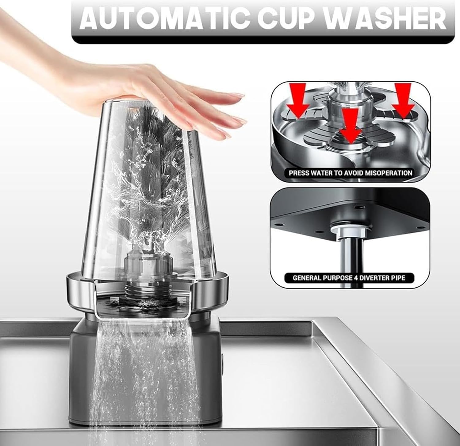 Automatic Electric Cup Washer, High Pressure Washing Machine with Brush and Nine-Hole Charged Nozzle, 10° sloped Bottom Design, for Sink Kitchen Bar Coffee Shop