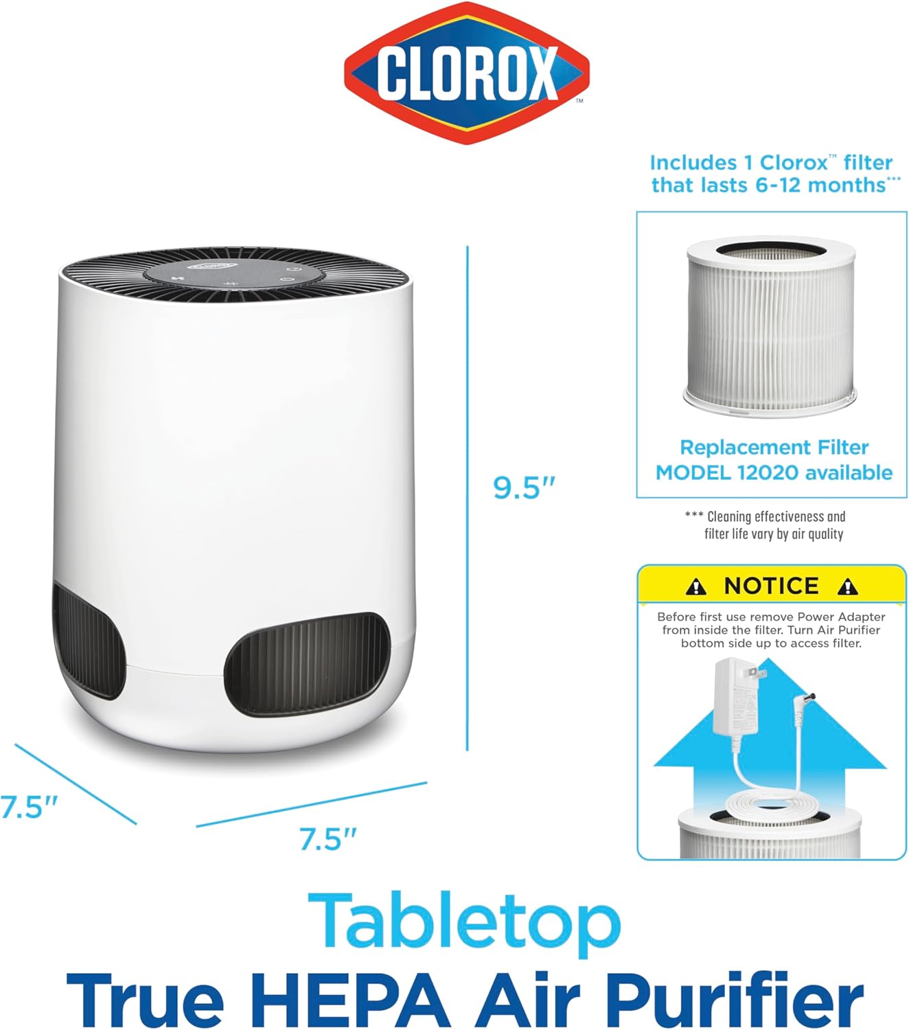 Clorox Air Purifiers for Bedroom Home, True HEPA Filter, Small Rooms Up to 200 Sq Ft, Removes 99.9% of Mold, Viruses, Wildfire Smoke, Allergens, Pet Allergies, Dust, AUTO Mode, Whisper Quiet (OPEN BOX)