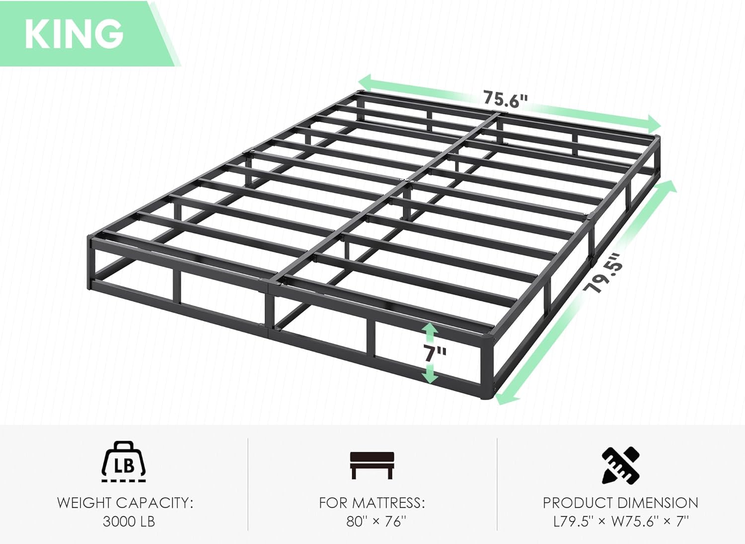 7 Inch Low Profile Box Spring, Sturdy Metal Frame Mattress Foundation, Easy Assembly, Quiet & Noise-Free, King Size (OPEN BOX)