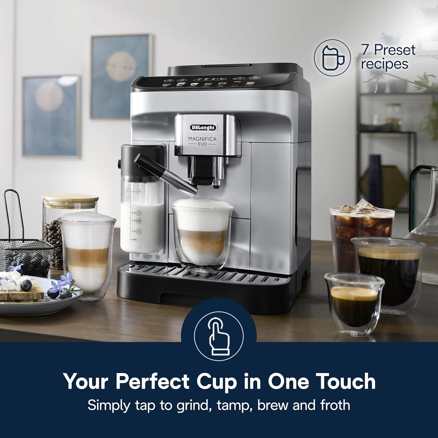 De'Longhi Magnifica Evo Automatic Espresso & Coffee Machine with Auto Milk Frother, Built-in Grinder & Auto-Clean Function - For Latte, Cappuccino, Americano, Iced Coffee, ECAM29084SB , Silver (OPEN BOX)