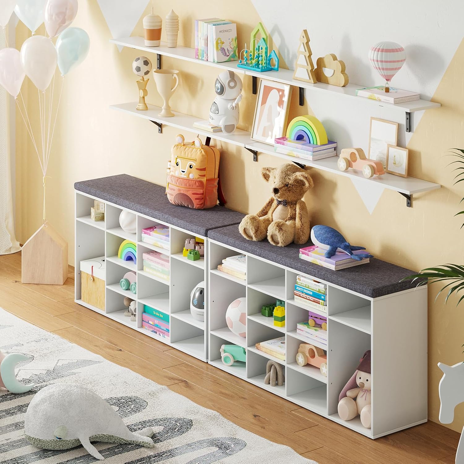 DINZI LVJ Shoe Storage Bench with Cushion, 16-Cubby Shoe Rack, Adjustable Shelves, Multifunctional Shoe Organizer Bench for Entryway, Mudroom, Hallway, Living Room, Bedroom and Garage, White (Open Box)