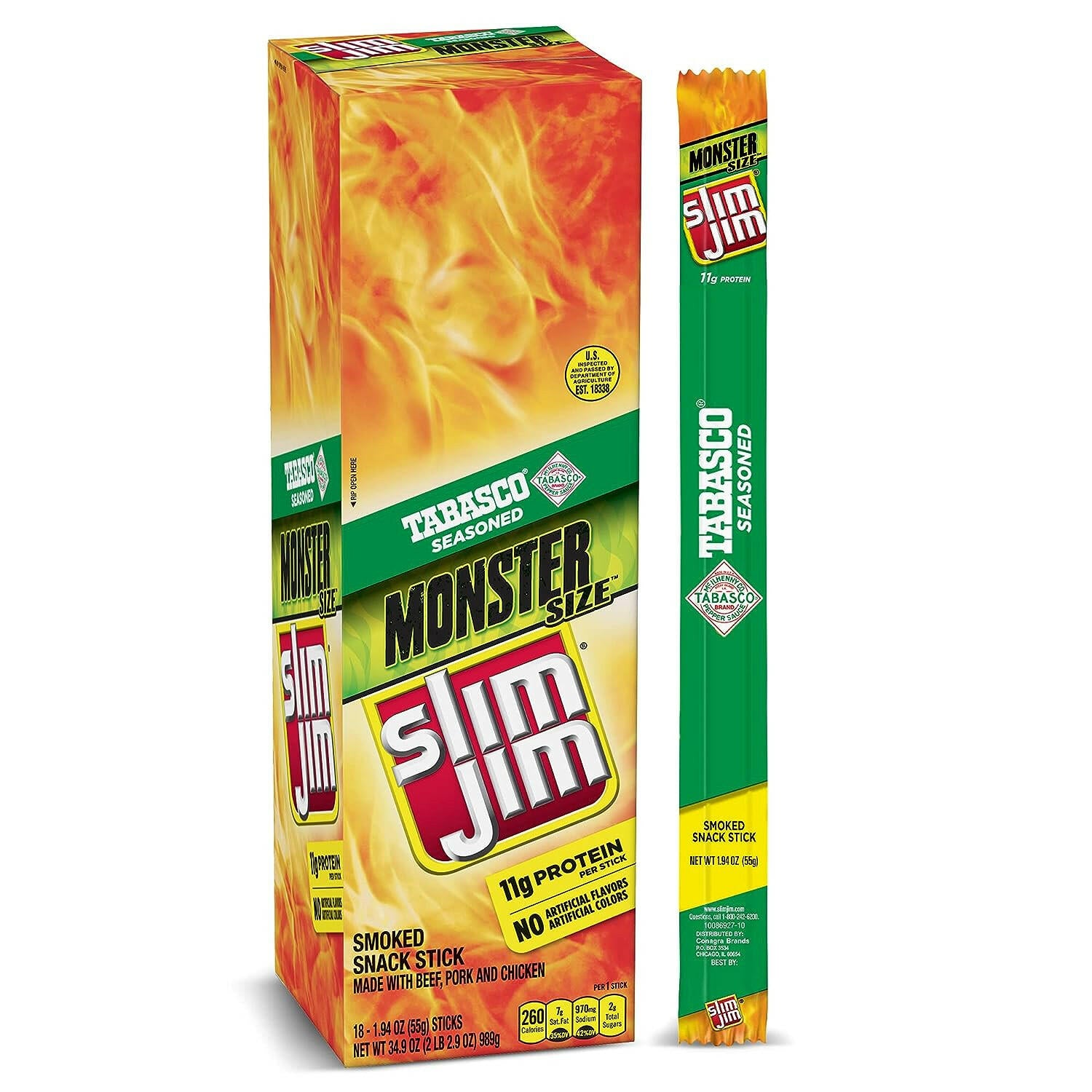 Slim Jim Monster - Smoked meat sticks, tabasco 1.94 oz 18 ct