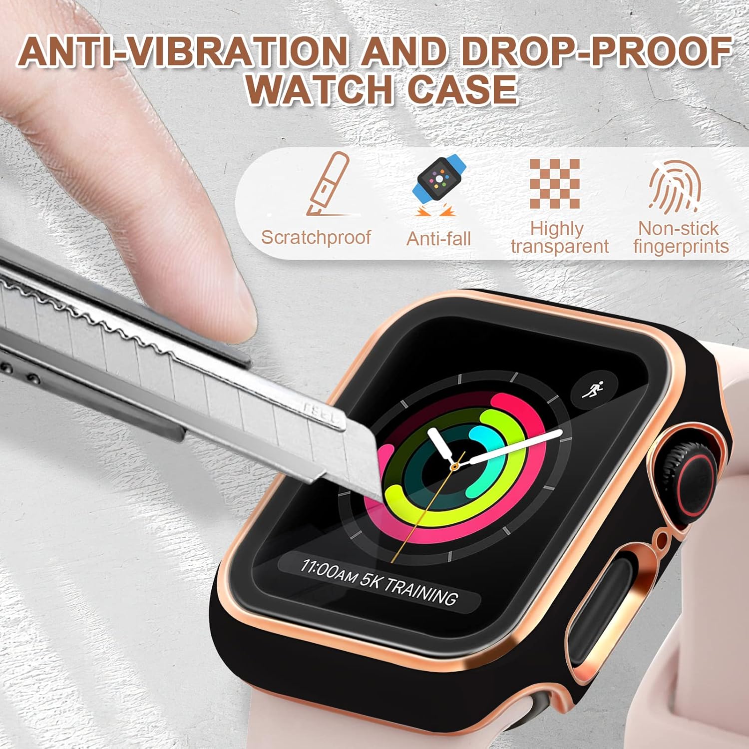 ORIbox Hard PC Case with Tempered Glass Screen Protector Compatible with Apple Watch Series 7, Full Coverage, Ultra-Thin HD Bumper Protective Cover, Black Rose Gold