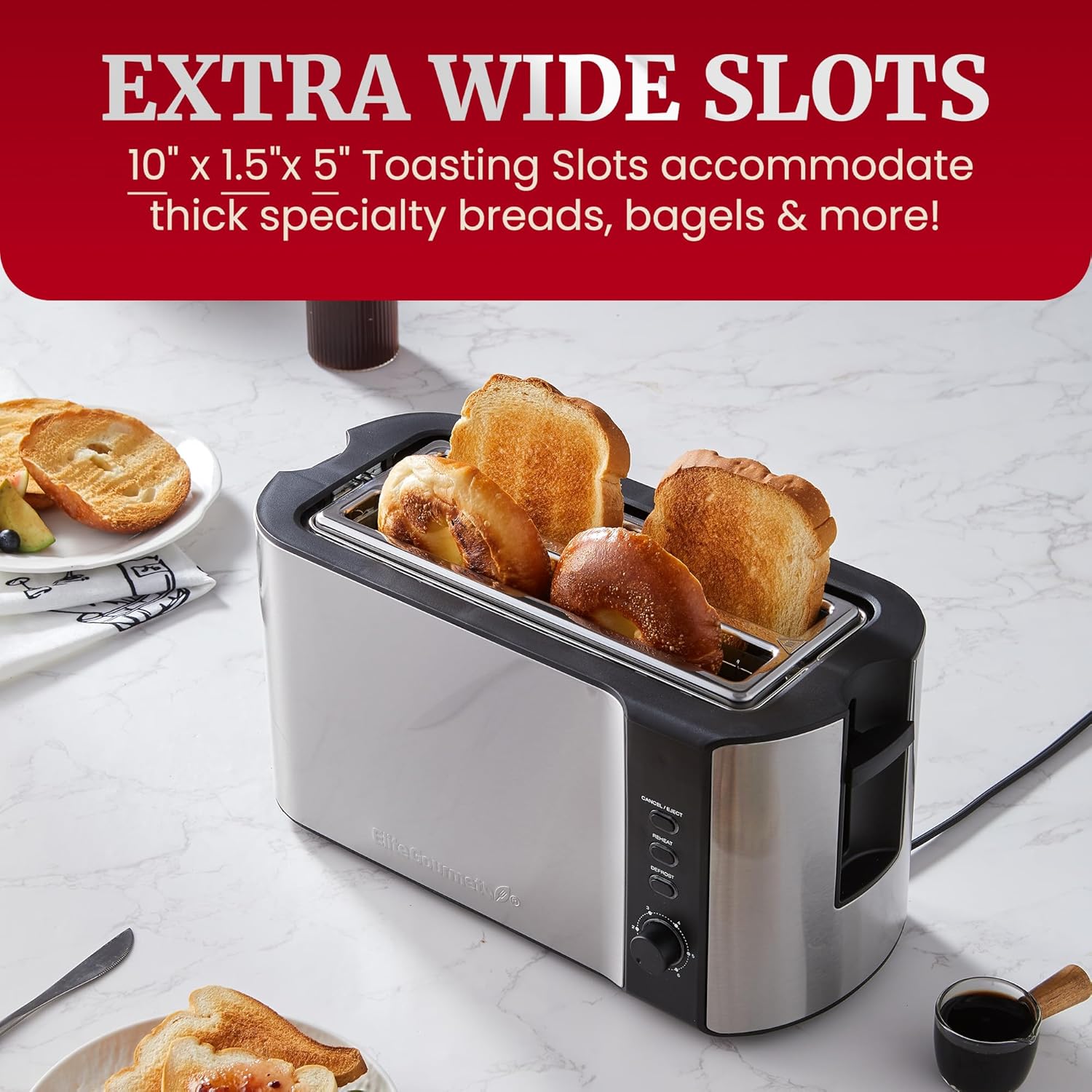Elite Gourmet ECT-3100 Long Slot 4 Slice Toaster, Reheat, 6 Toast Settings, Defrost, Cancel Functions, Built-in Warming Rack, Extra Wide Slots for Bagels & Waffles, Stainless Steel & Black (OPEN BOX)