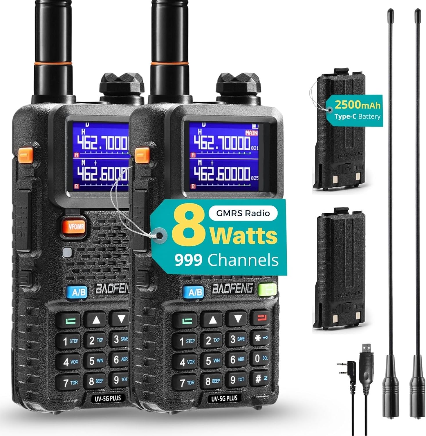 [Chirp Compatible] BAOFENG UV-5G Plus GMRS Handheld Radio, Long Range Rechargeable Two Way Radio, 999 Channels, with NOAA Weather Receiving, 2500mAh Battery USB-C Port, 8" & 15.5" Antennas, 2 Pack