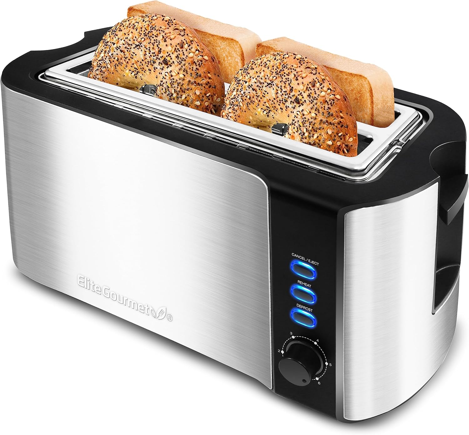 Elite Gourmet ECT-3100 Long Slot 4 Slice Toaster, Reheat, 6 Toast Settings, Defrost, Cancel Functions, Built-in Warming Rack, Extra Wide Slots for Bagels & Waffles, Stainless Steel & Black (OPEN BOX)