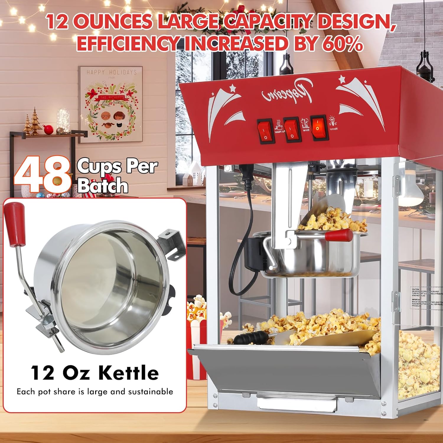 Popcorn Maker Machine,12 Ounce Kettle Stainless Steel Commercial Popcorn Machine with Tempered Glass,Warming Deck, 900W Countertop Popcorn Popper for Parties (Red, 12 Ounce) (OPEN BOX)