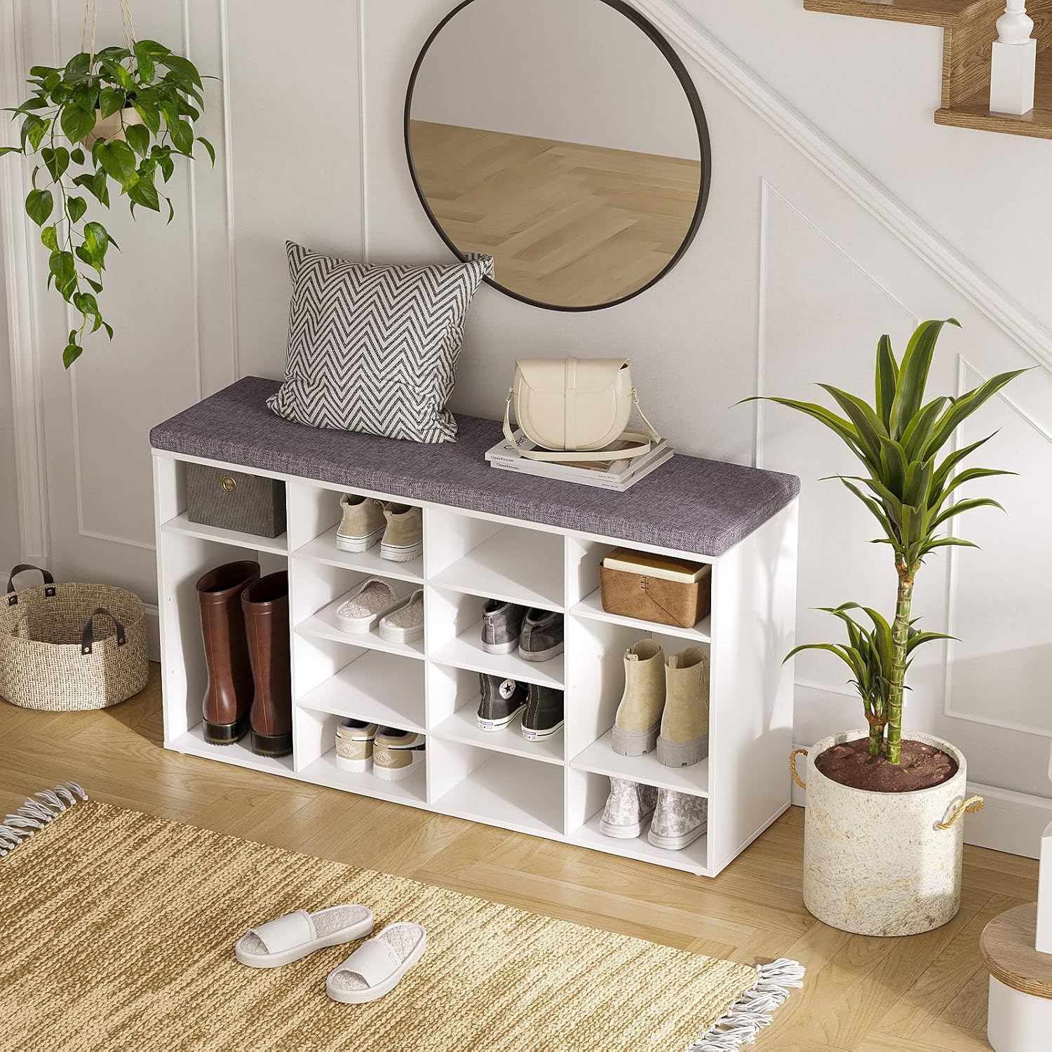 DINZI LVJ Shoe Storage Bench with Cushion, 16-Cubby Shoe Rack, Adjustable Shelves, Multifunctional Shoe Organizer Bench for Entryway, Mudroom, Hallway, Living Room, Bedroom and Garage, White (Open Box)