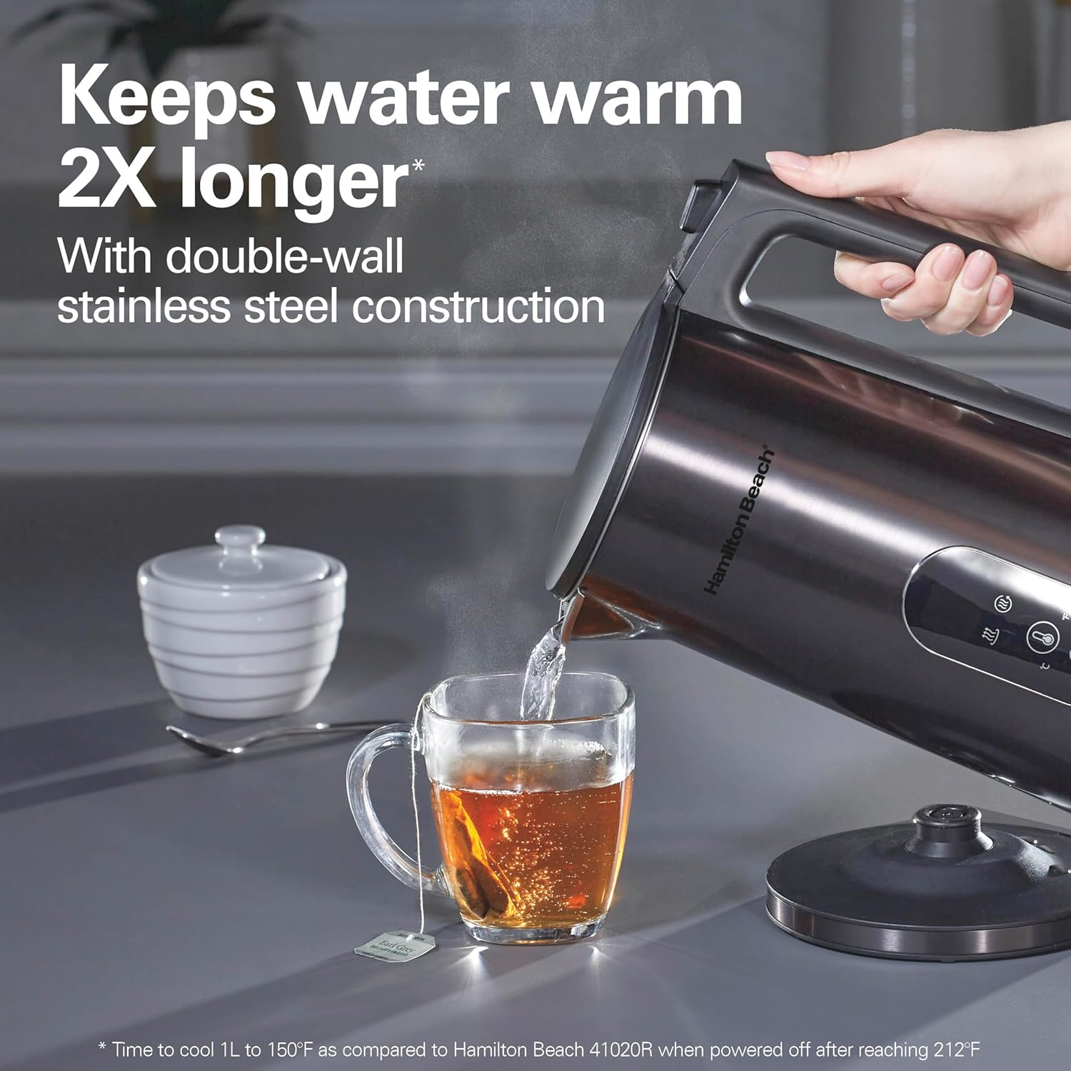 Hamilton Beach Digital Temperature Control Electric Tea Kettle, Hot Water Boiler & Heater 1.7L, 5 Preset Modes + Keep Warm, Fast Boil 1500 Watts, BPA Free, Double Wall Construction, Black