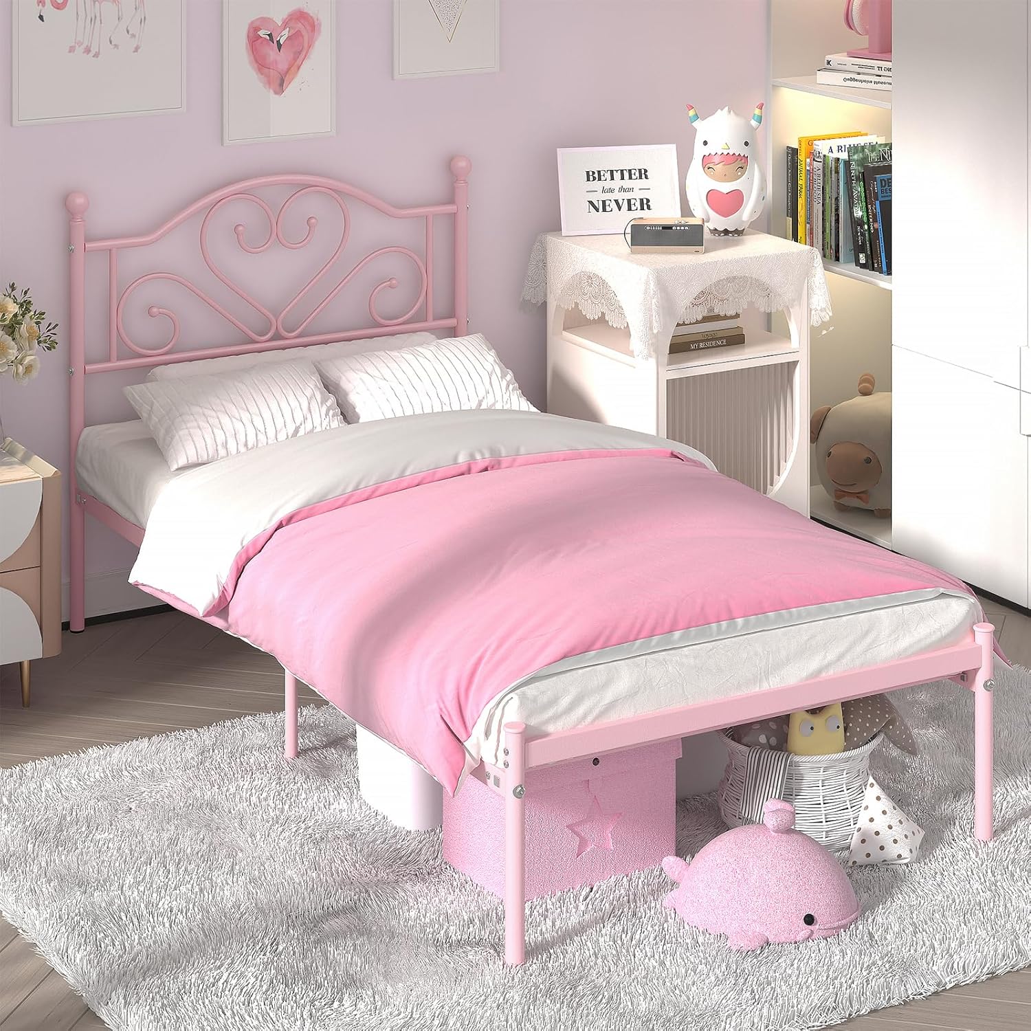 Weehom Twin Bed Frames with Headboard, Heavy Duty Metal Platform Under Bed Storage Space Easy Assembly for Kids Girls Adults, Pink (OPEN BOX)