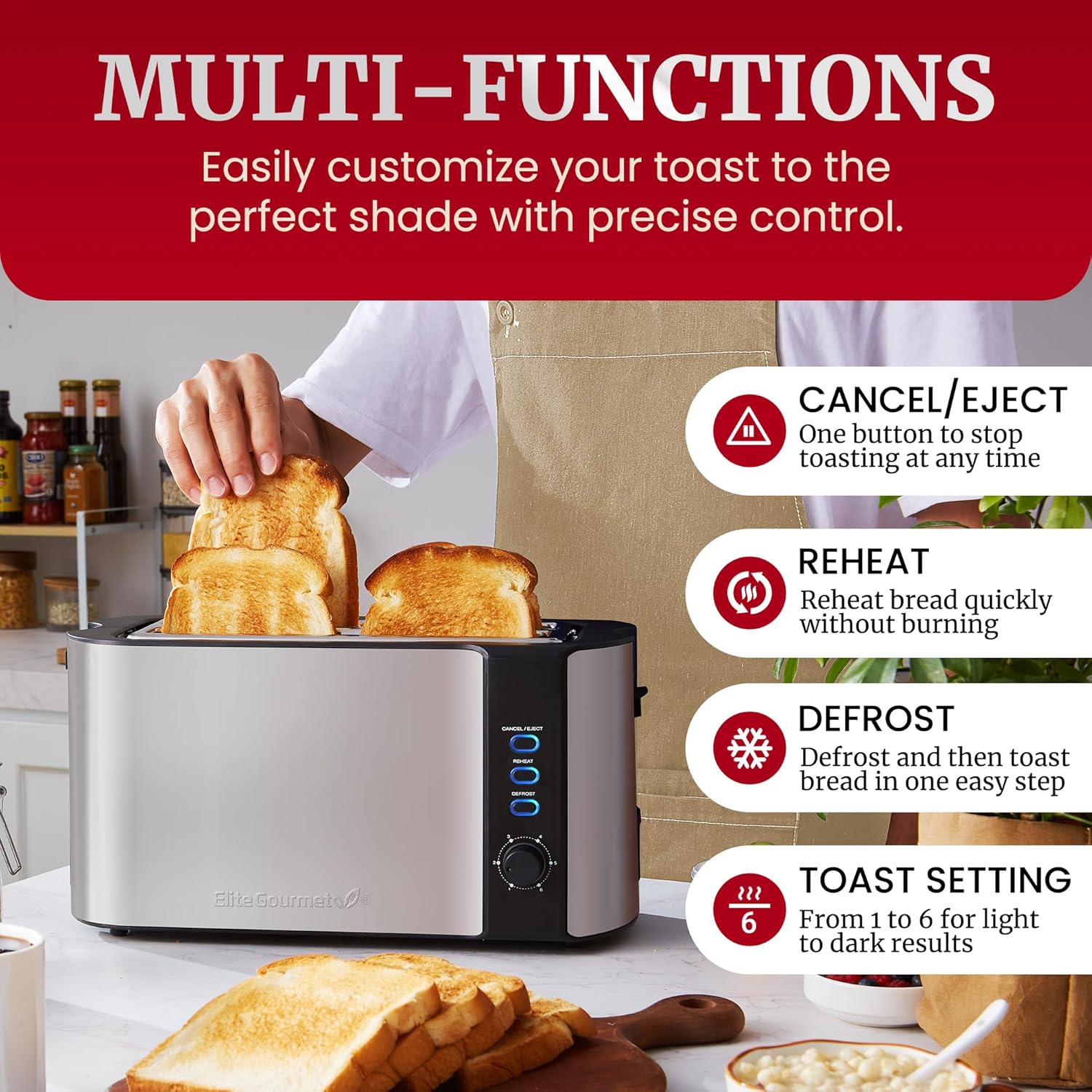 Elite Gourmet ECT-3100 Long Slot 4 Slice Toaster, Reheat, 6 Toast Settings, Defrost, Cancel Functions, Built-in Warming Rack, Extra Wide Slots for Bagels & Waffles, Stainless Steel & Black (OPEN BOX)