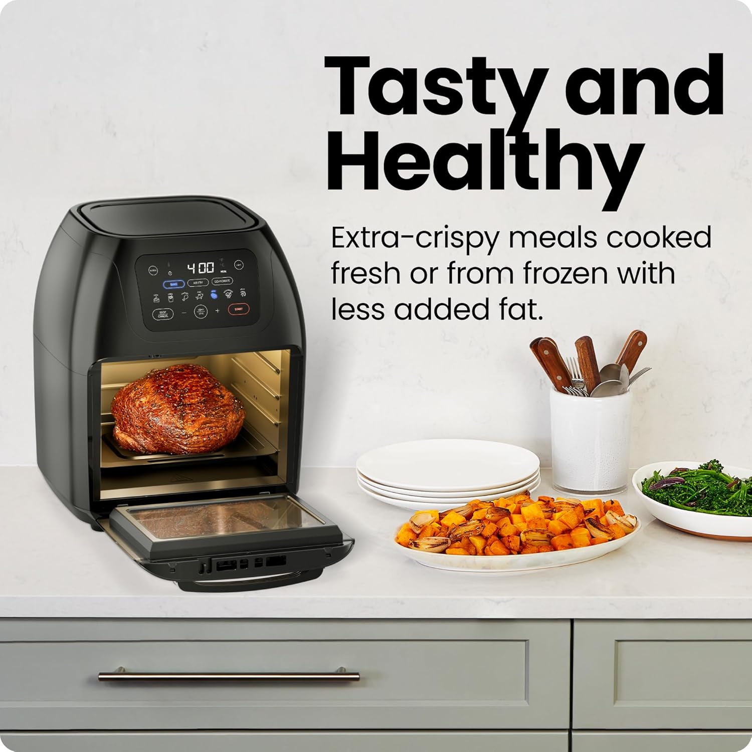 CHEFMAN Multifunctional Digital Air Fryer+ Rotisserie, Dehydrator, Convection Oven, 17 Touch Screen Presets Fry, Roast, Dehydrate, Bake, XL 10L Family Size, Auto Shutoff, Large Easy-View Window, Black (OPEN BOX)