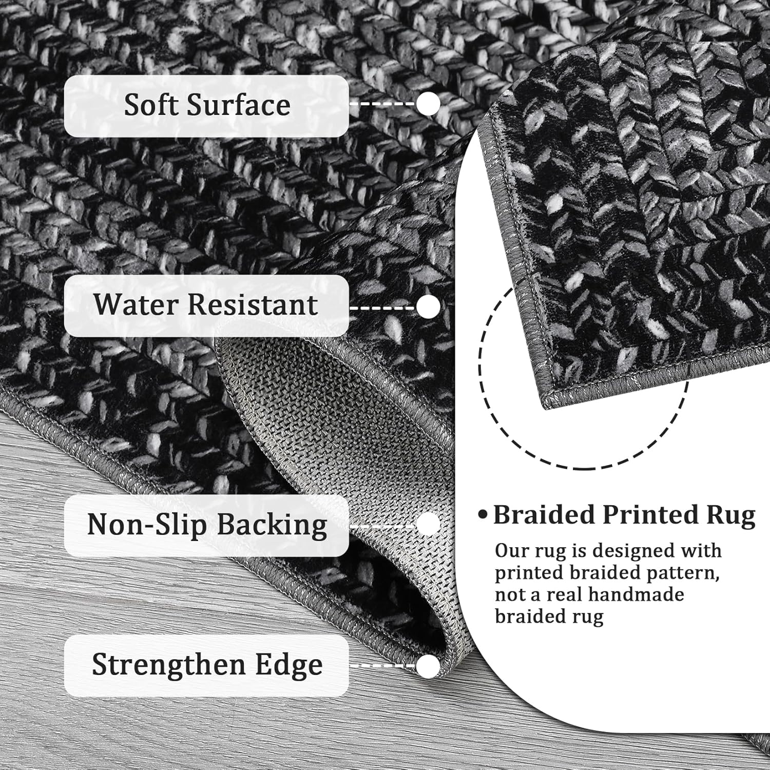 RUGSREAL 10x13 Large Living Room Rug Braided Print Boho Accent Throw Carpet Farmhouse Rustic Rug with Rubber Backing Geometric Bordered Area Rug Bohemian Carpet for Bedroom Home Decor Office, Black (OPEN BOX)