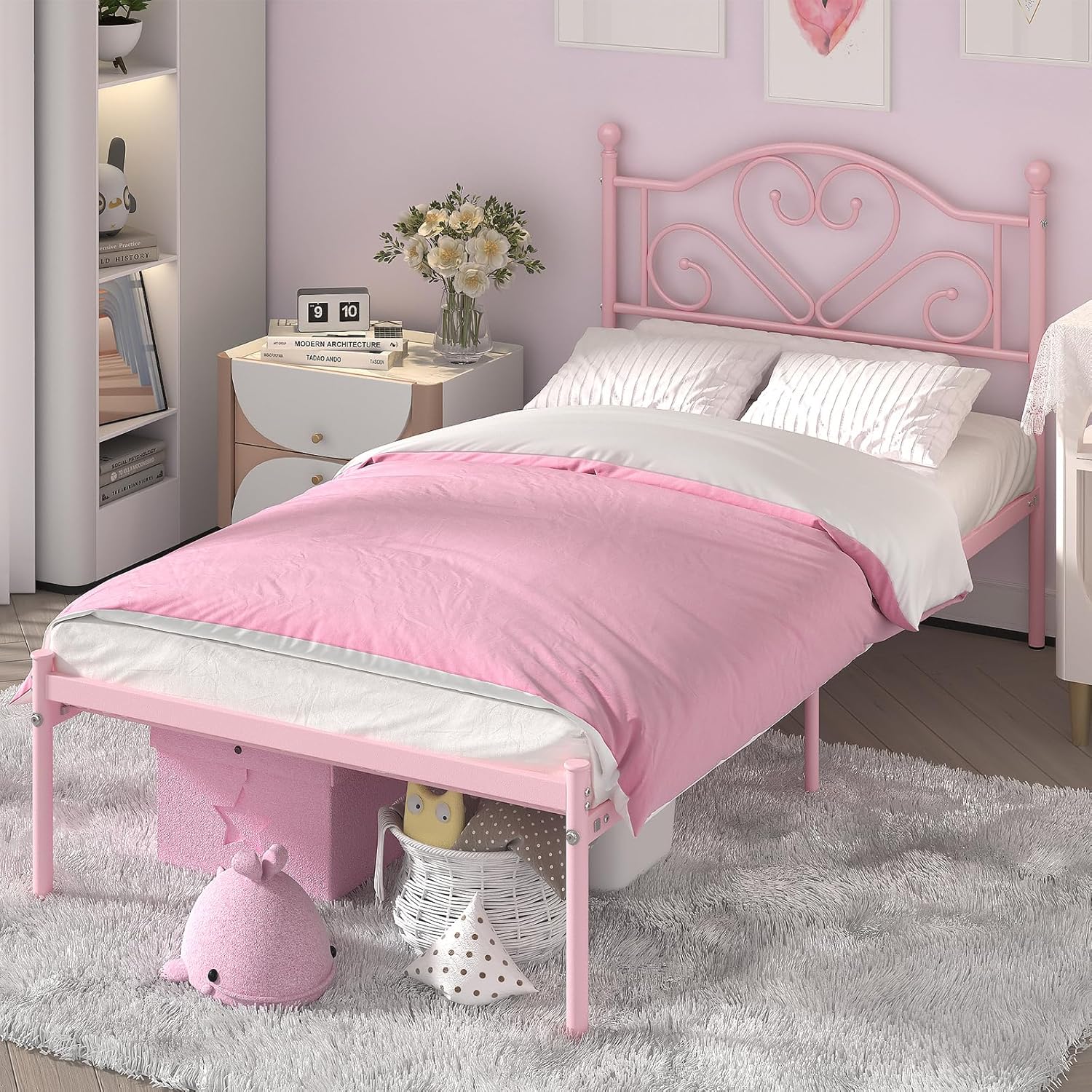 Weehom Twin Bed Frames with Headboard, Heavy Duty Metal Platform Under Bed Storage Space Easy Assembly for Kids Girls Adults, Pink (OPEN BOX)