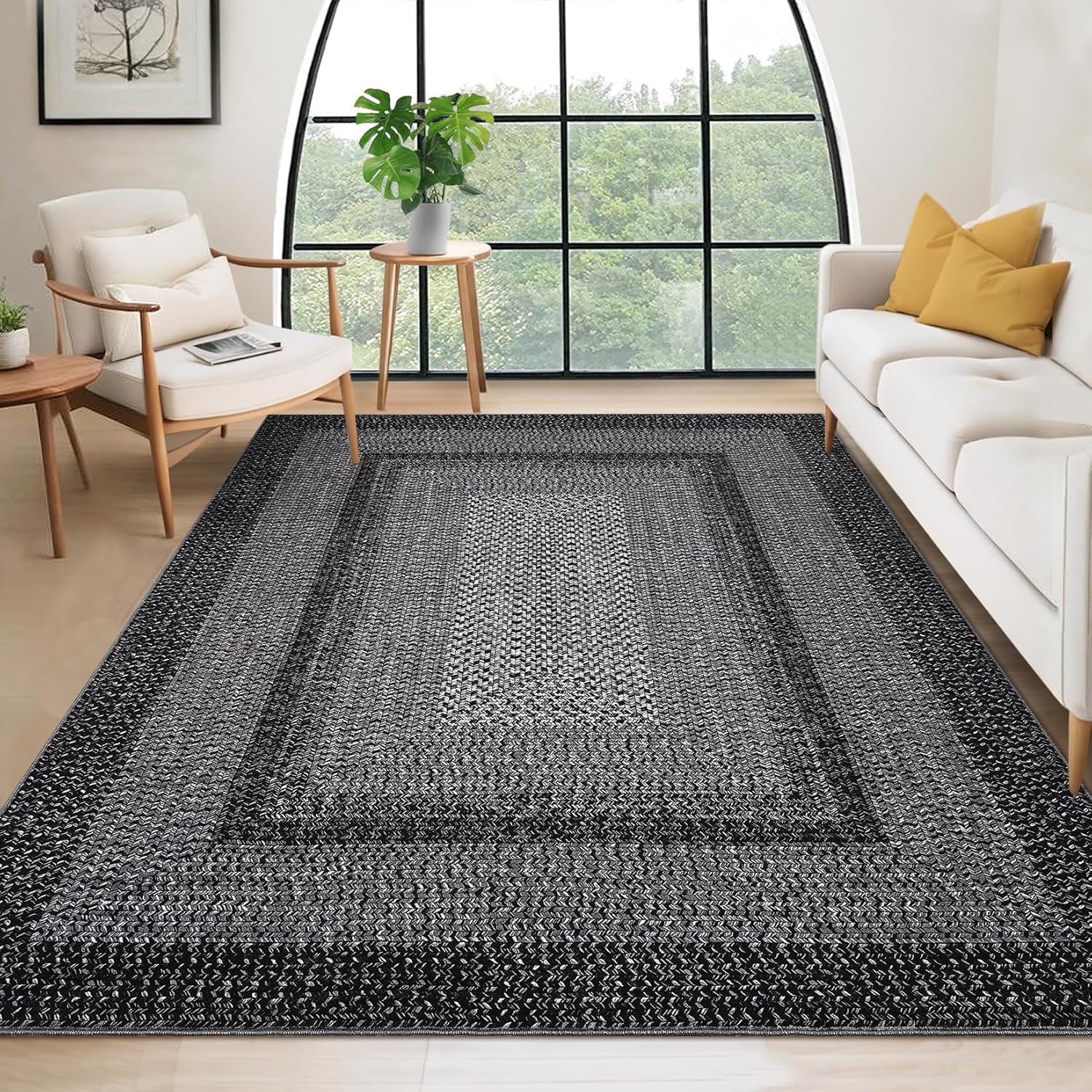 RUGSREAL 10x13 Large Living Room Rug Braided Print Boho Accent Throw Carpet Farmhouse Rustic Rug with Rubber Backing Geometric Bordered Area Rug Bohemian Carpet for Bedroom Home Decor Office, Black (OPEN BOX)