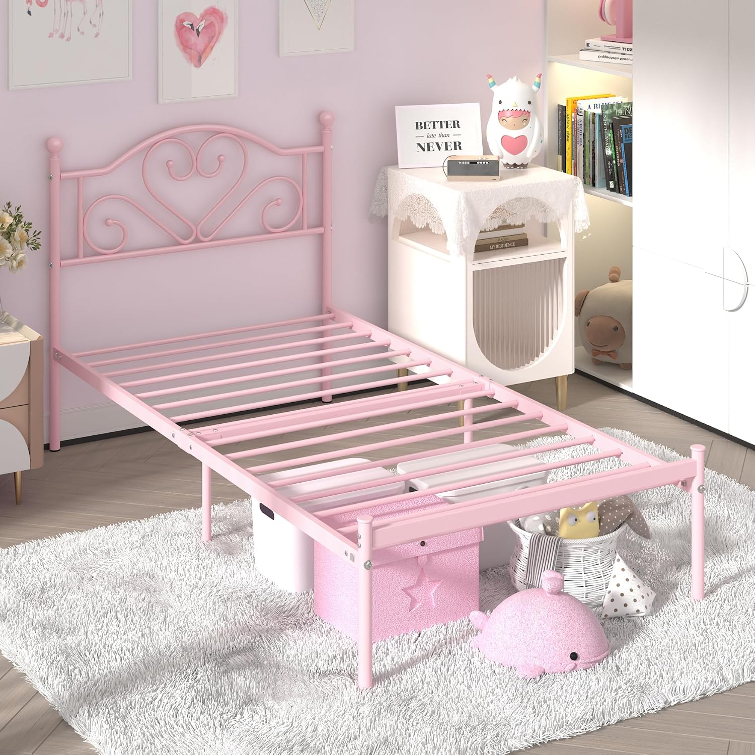 Weehom Twin Bed Frames with Headboard, Heavy Duty Metal Platform Under Bed Storage Space Easy Assembly for Kids Girls Adults, Pink (OPEN BOX)