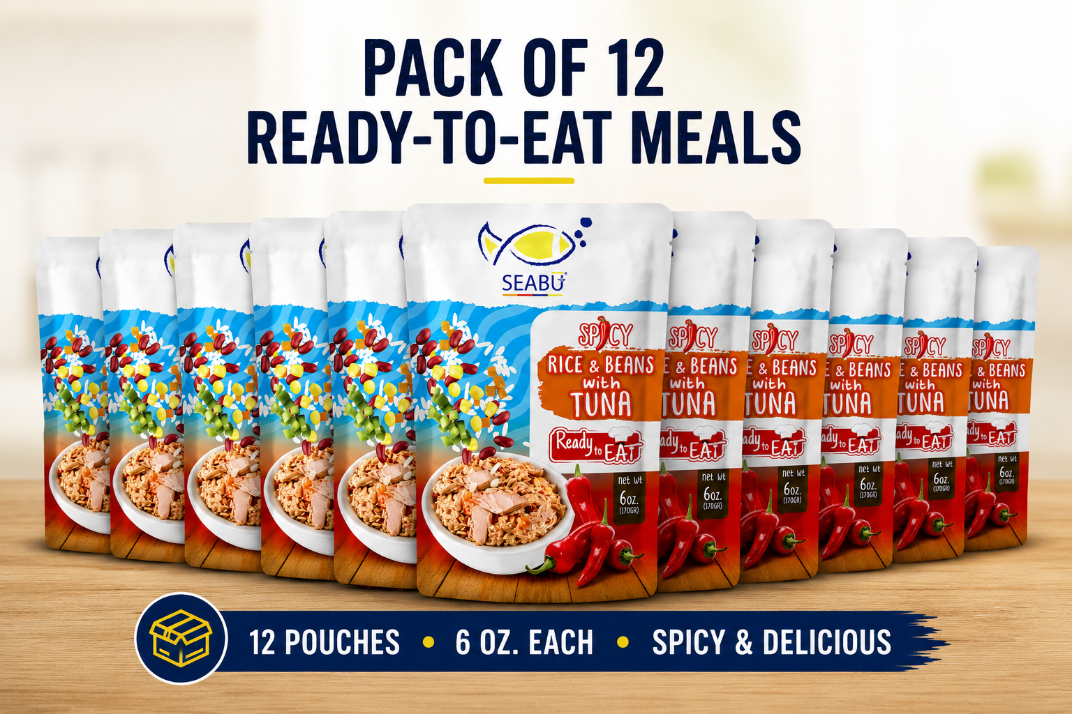 (Pack of 12) SEABU Spicy Rice & Beans with Tuna Ready-to-Eat Meal – 6 oz Pouch