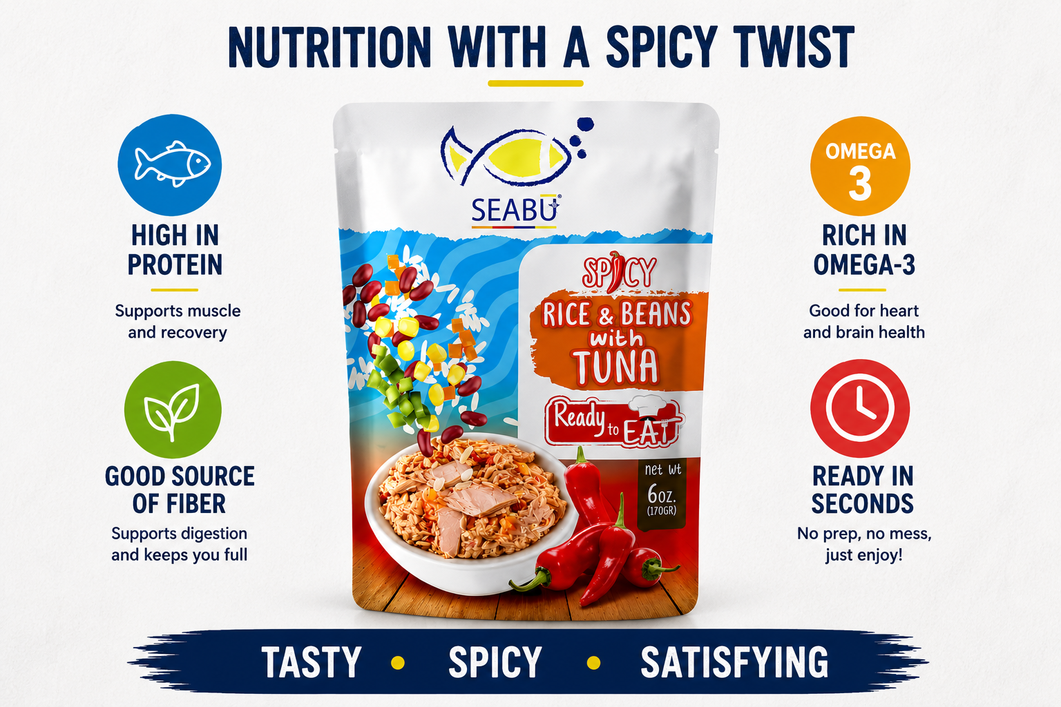 (Pack of 12) SEABU Spicy Rice & Beans with Tuna Ready-to-Eat Meal – 6 oz Pouch