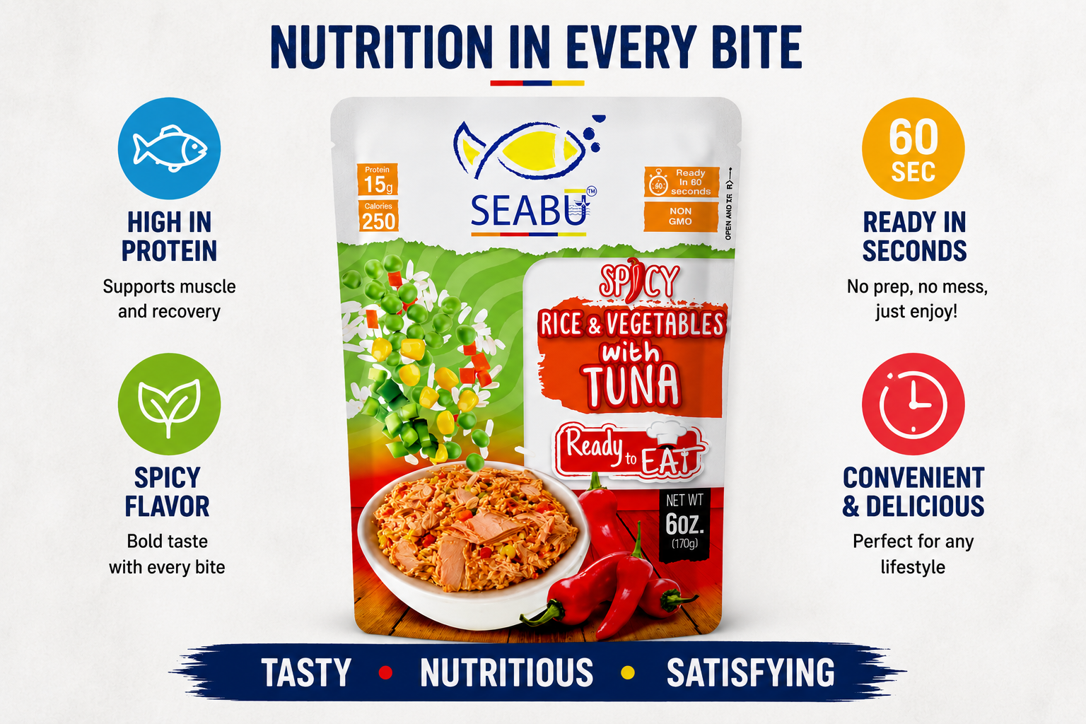 (Pack of 12) SEABU Spicy Rice & Vegetables with Tuna Ready-to-Eat Meal – 6 oz