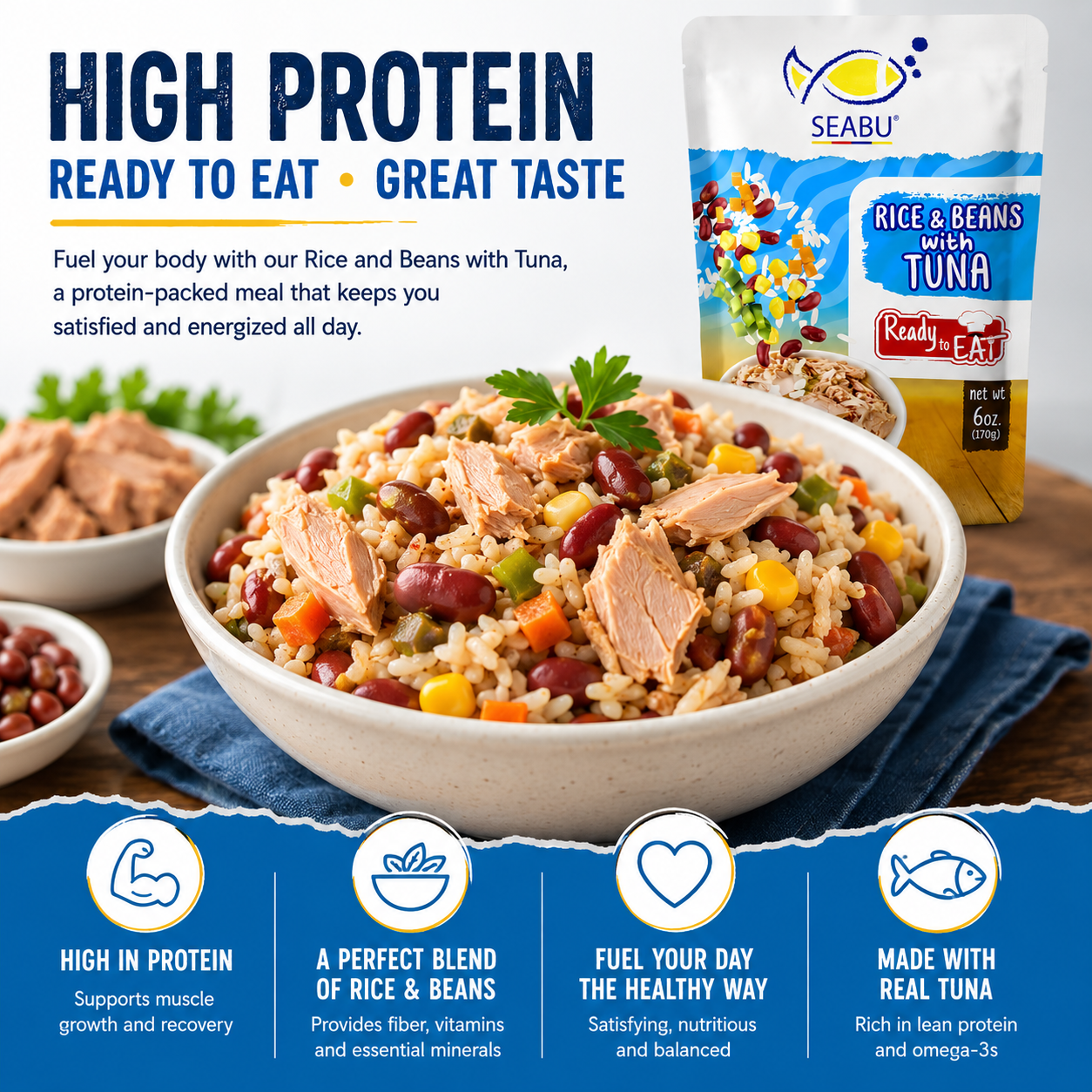 (Pack of 12) SEABU Rice & Beans with Tuna Ready to Eat Meal – 6 oz
