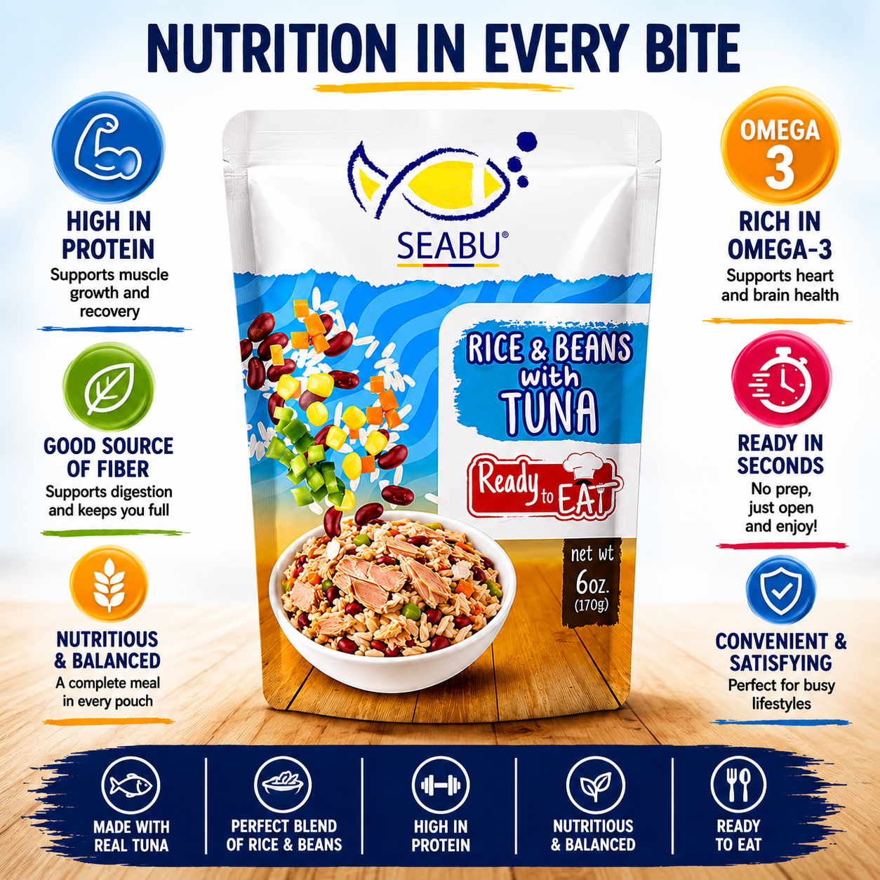 (Pack of 12) SEABU Rice & Beans with Tuna Ready to Eat Meal – 6 oz