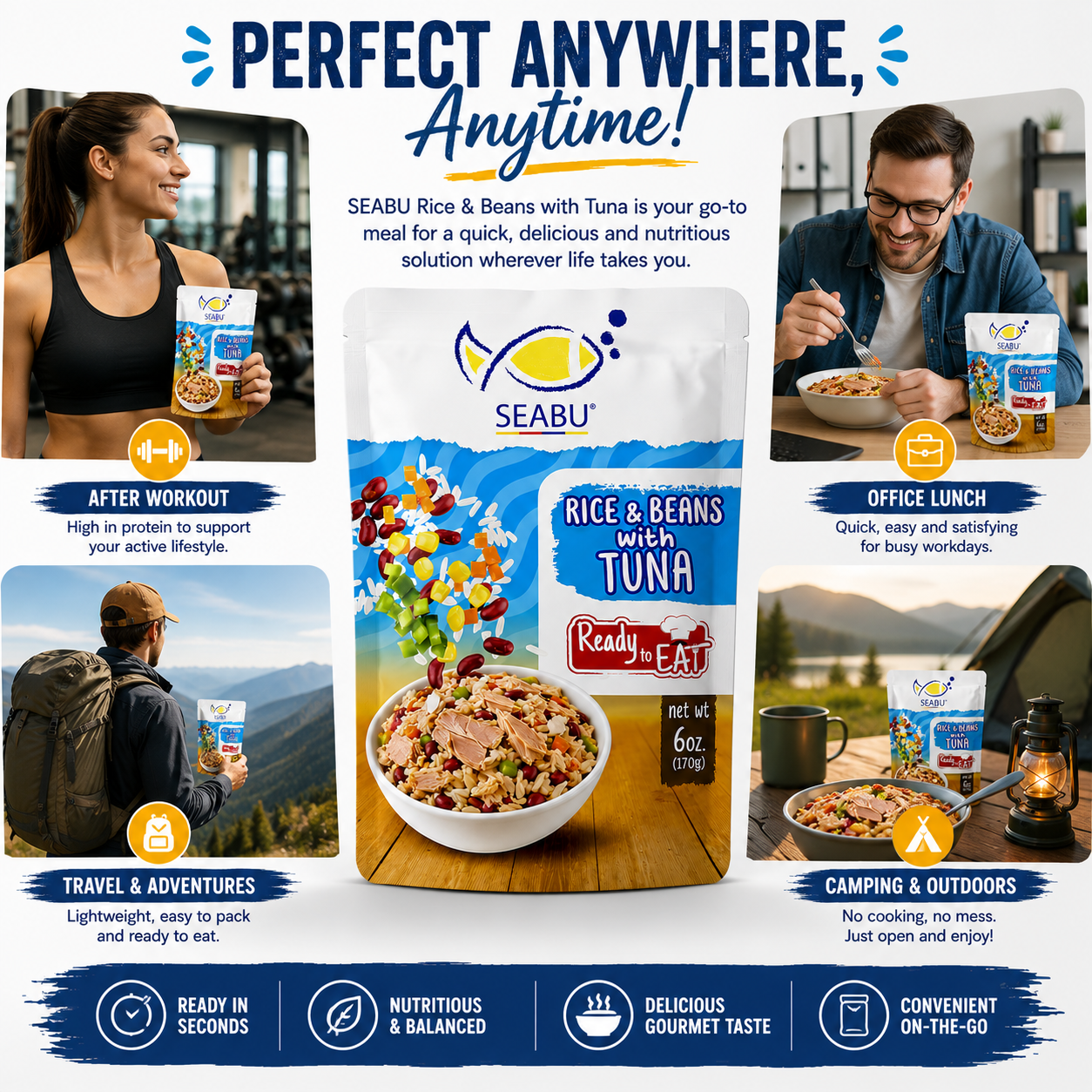(Pack of 12) SEABU Rice & Beans with Tuna Ready to Eat Meal – 6 oz