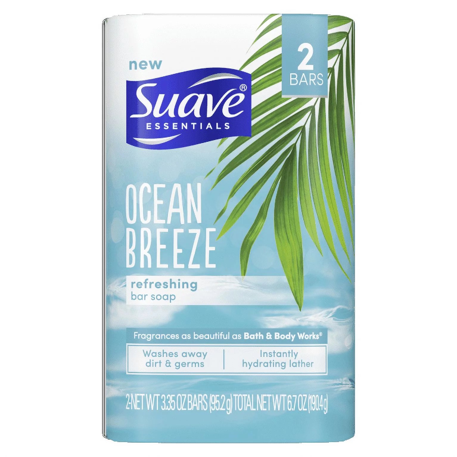 Suave Essentials Ocean Breeze Refreshing Bar Soap, 2 Net WT 3.35 oz Bars