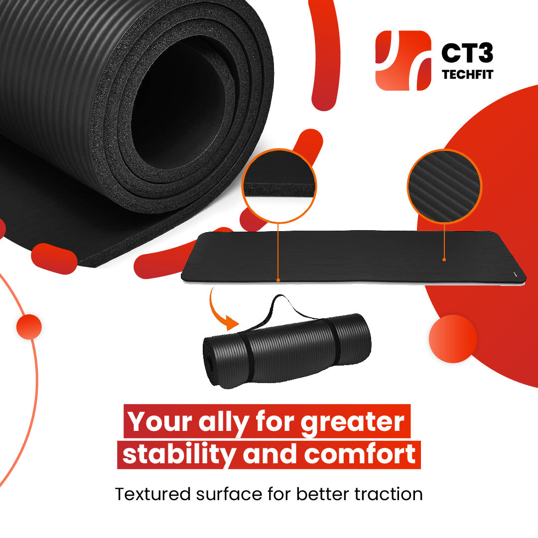 CT3 Premium Yoga Mat - Extra Thick 1/2-Inch Black - Carrying Strap Included