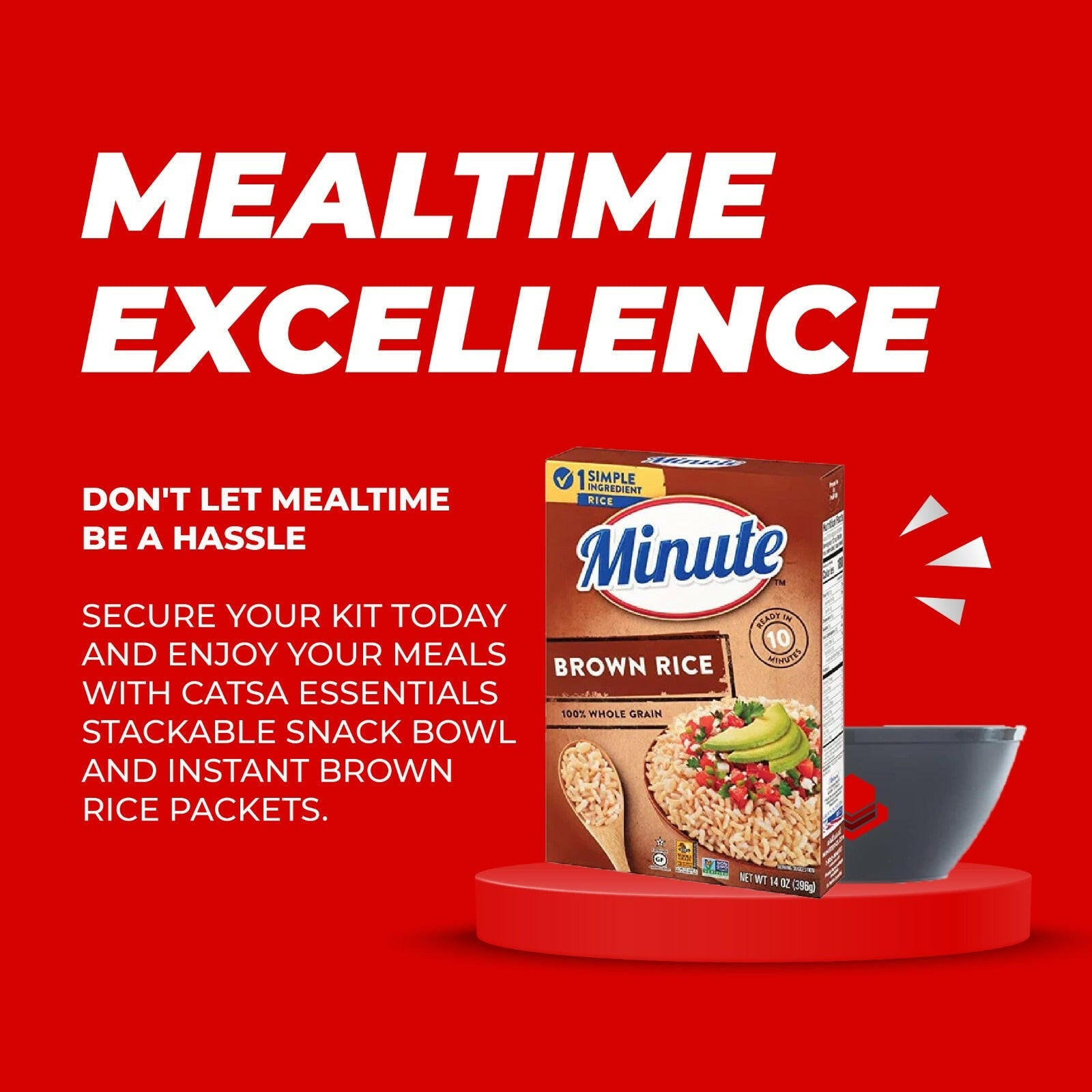 3 Minute Instant Brown Rice, Gluten Free, Non-GMO, 14 oz + 1 Catsa Essentials Plastic Stackable Snack Bowl 28 oz with Catsa Essentials Pack Box