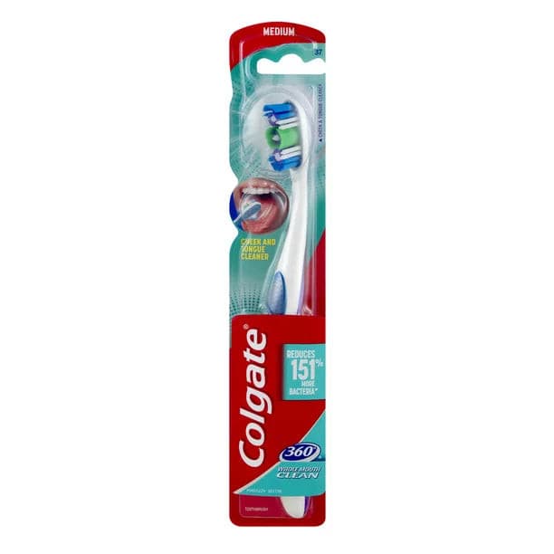 Colgate 360 Toothbrush with Tongue and Cheek Cleaner, Medium Toothbrush.