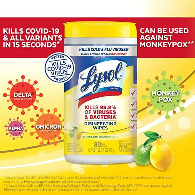 Lysol Disinfectant Wet Wipes, Large Pack, Lemon and Lime Blossom, 80 CT.