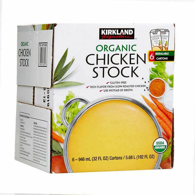 Kirkland Signature Organic Chicken Stock, 32 fl oz, 6-count.