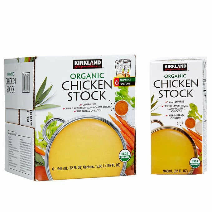Kirkland Signature Organic Chicken Stock, 32 fl oz, 6-count.