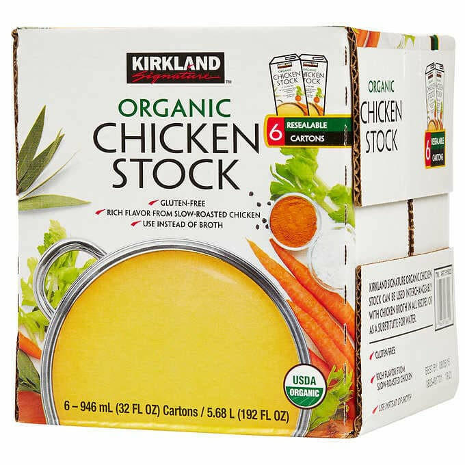 Kirkland Signature Organic Chicken Stock, 32 fl oz, 6-count.